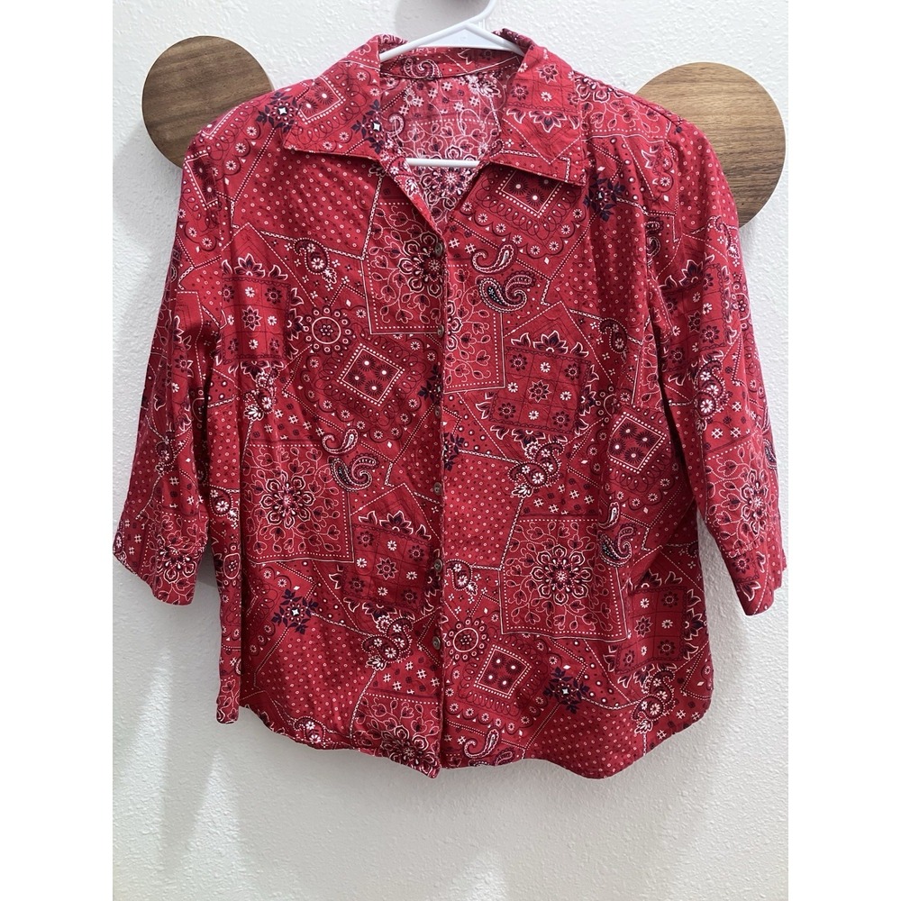 Vintage XL Red Bandana Handkerchief Shirt Paisley Floral Embroidery 3/4 Sleeve